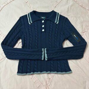 Navy blue, Alice Blue polo cable knit sweater with pearlescent, gold buttons.